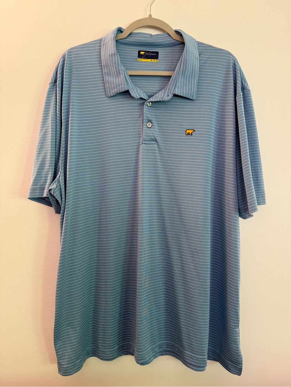 Jack Nicklaus Golf Polo Shirt XXL Blue Striped Performance Polo Bear Logo